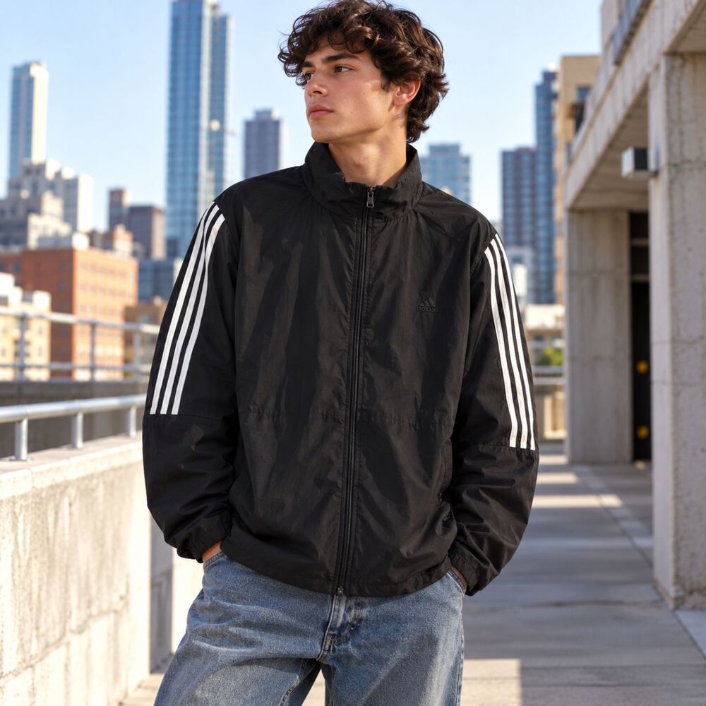 Vintage 2006 Adidas Mens L Windbreaker Black White 3 Stripe Y2K Athletic Jacket